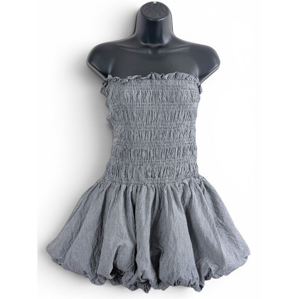 anthropologie strapless smocked mini coquette y2k revival gray women's dress L
